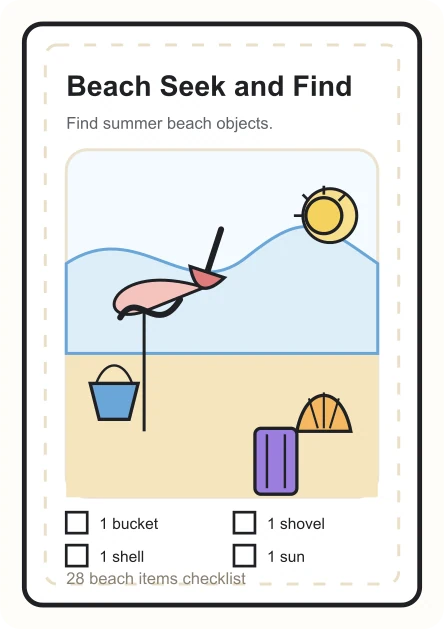 Beach seek and find printable preview with summer objects