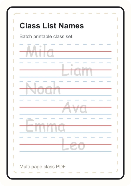 Class list name tracing worksheets preview with multiple student names