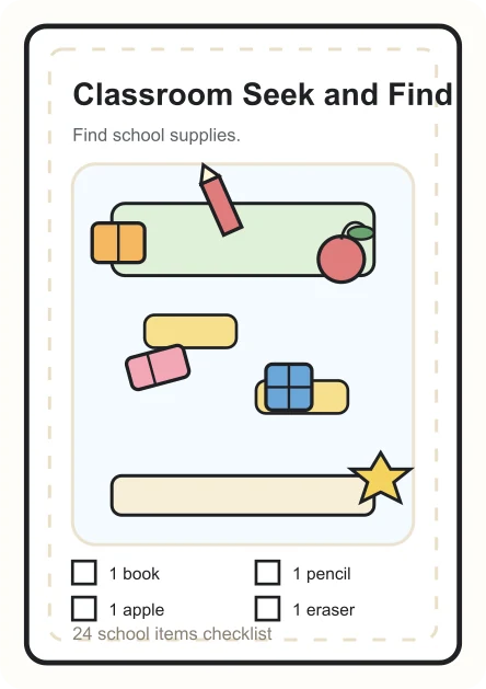 Classroom seek and find printable preview with school supply checklist