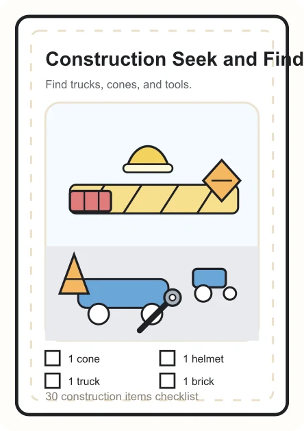 Construction seek and find printable preview with trucks, cones, and tools