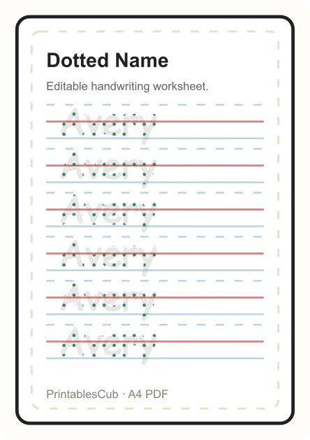 Dotted name tracing worksheet preview for Avery