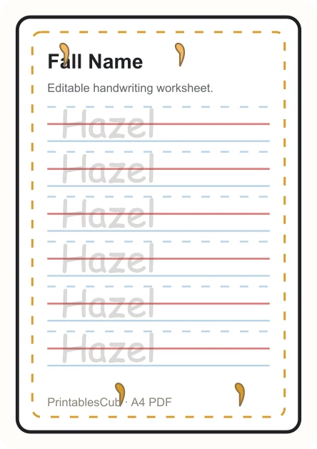 Fall name tracing worksheet preview for Hazel