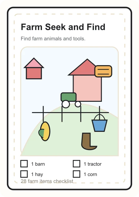 Farm seek and find printable preview with hidden farm objects