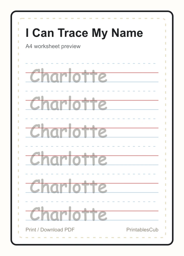 Free name tracing worksheet preview for Charlotte with handwriting guide lines