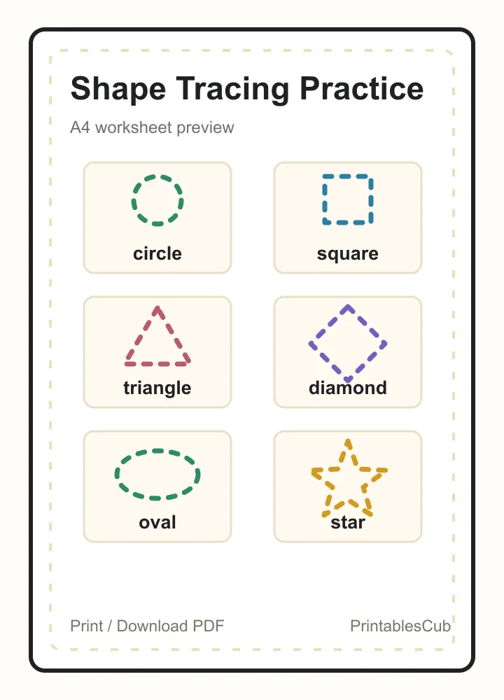 Free printable shape tracing worksheet preview with circle, square, triangle, diamond, oval, and star practice