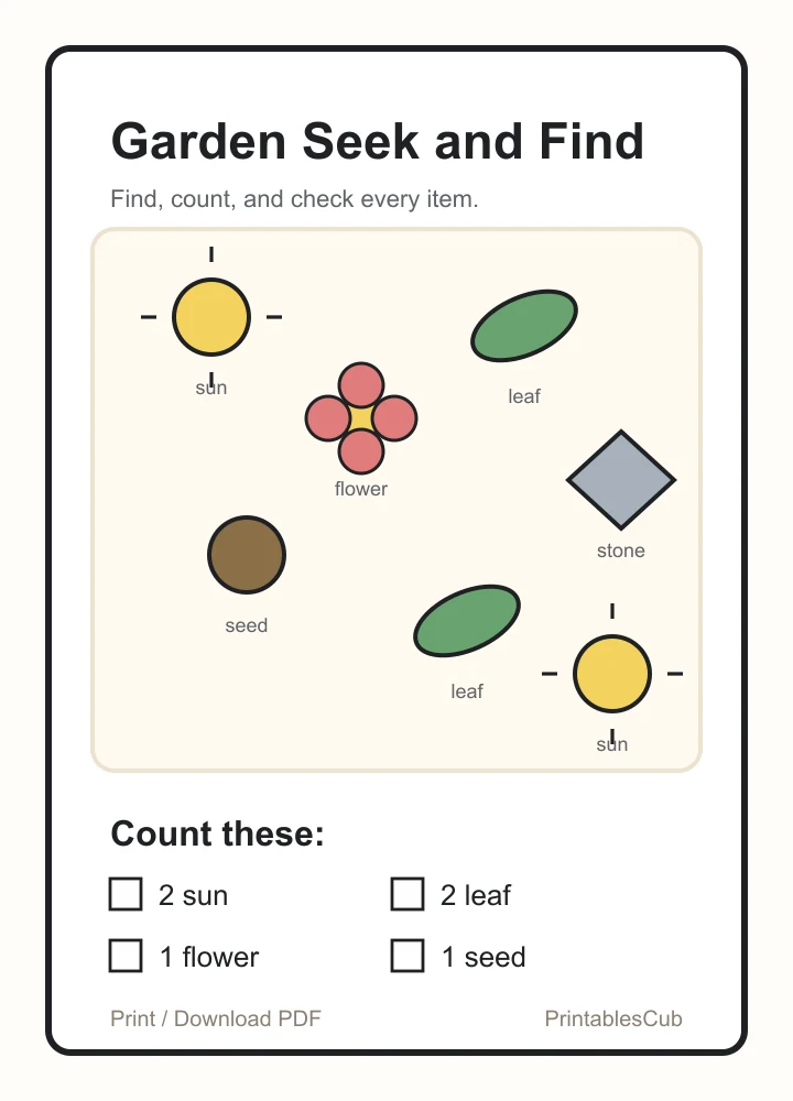 Free seek and find garden printable preview with hidden objects and a count checklist