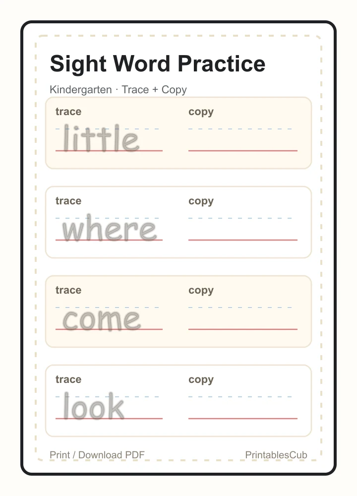 Free sight word trace and copy worksheet preview for kindergarten words