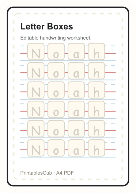 Letter box name tracing worksheet preview for Noah