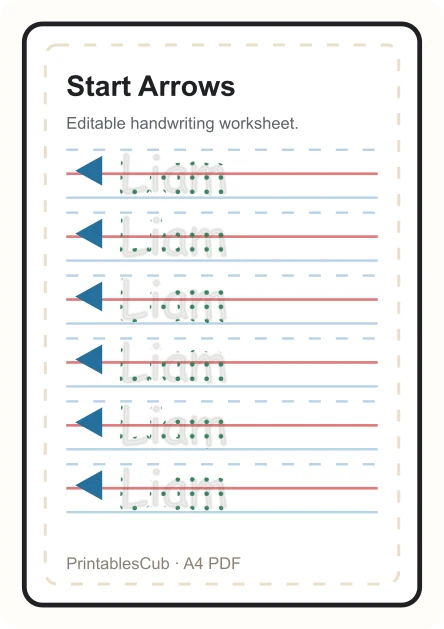 Name tracing worksheet with start arrows preview for Liam