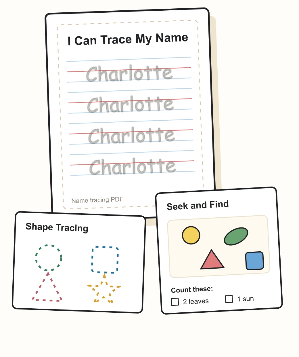 Free printable worksheet generator previews for name tracing, shape tracing, and seek and find activities