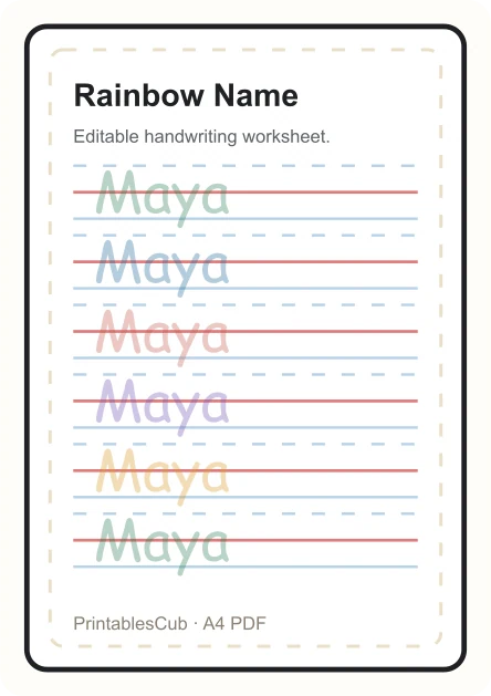 Rainbow name tracing worksheet preview for Maya