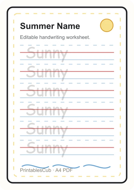 Summer name tracing worksheet preview for Sunny
