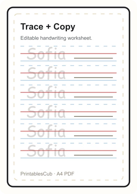 Trace and copy name worksheet preview for Sofia
