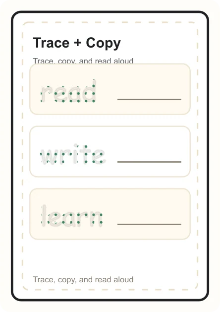Trace and copy sight word worksheet preview with read, write, and learn