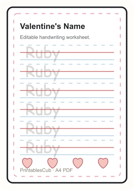 Valentine's name tracing worksheet preview for Ruby