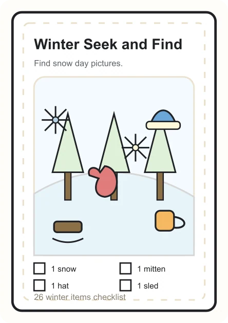 Winter hidden picture printable preview with snow day objects
