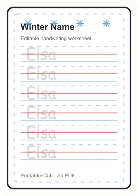 Winter name tracing worksheet preview for Elsa